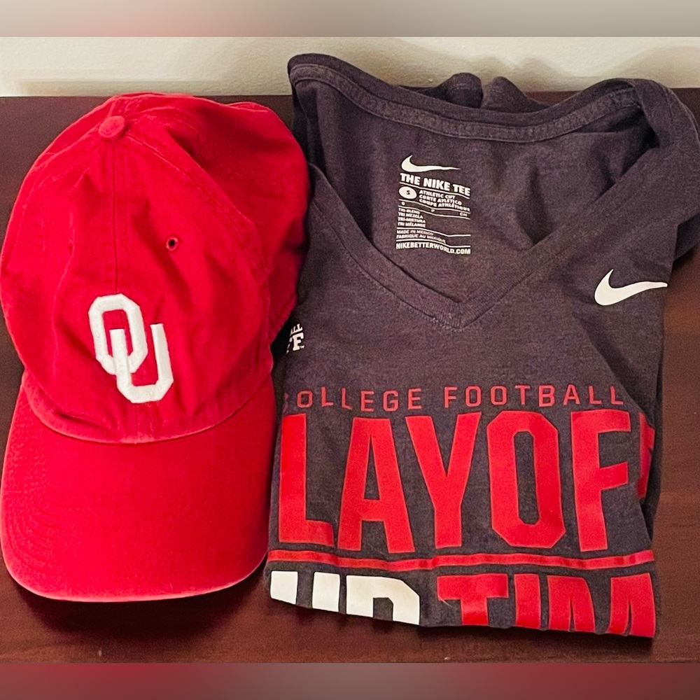 Ladies Sz M Nike OU College Football‎ Gray T Shirt With Matching OU Baseball Hat